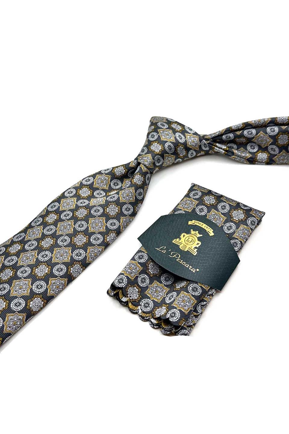 Gri Motif Desen Mendilli Klasik Kravat KK12971