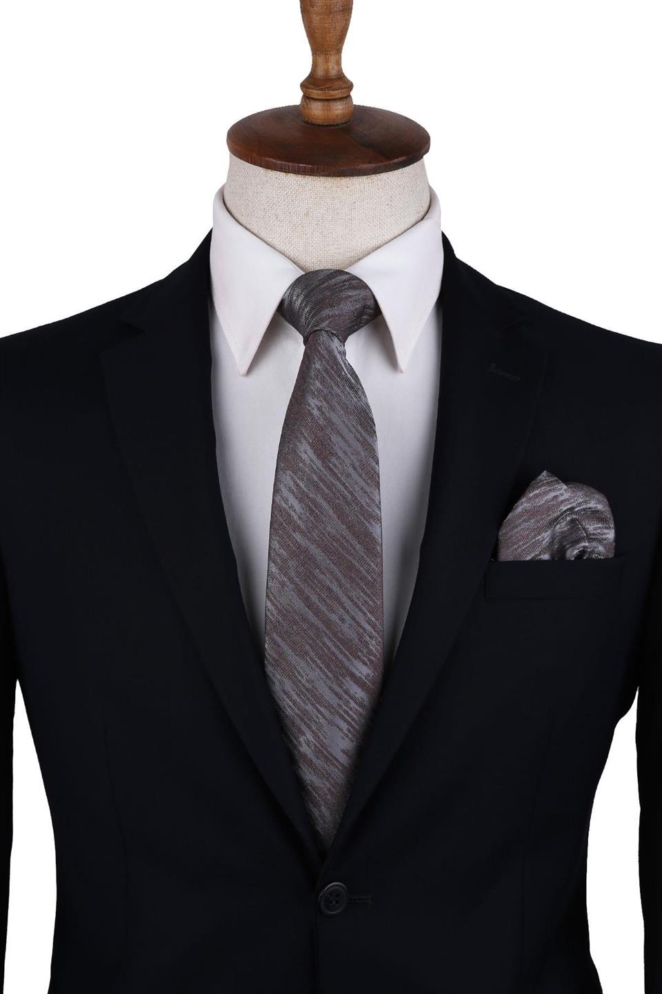 Gri Motif Desen Mendilli Klasik Kravat KK10527