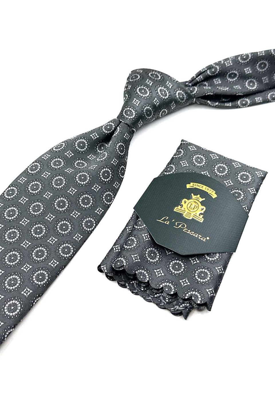 Gri Motif Desen Mendilli Klasik Kravat KK12658