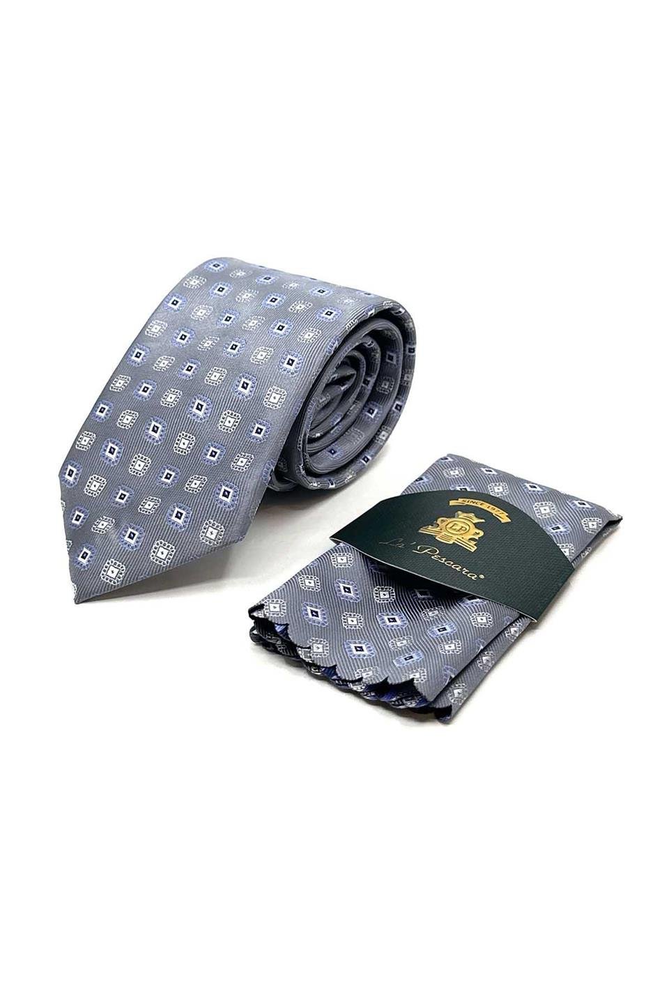 Gri Motif Desen Mendilli Klasik Kravat KK13093