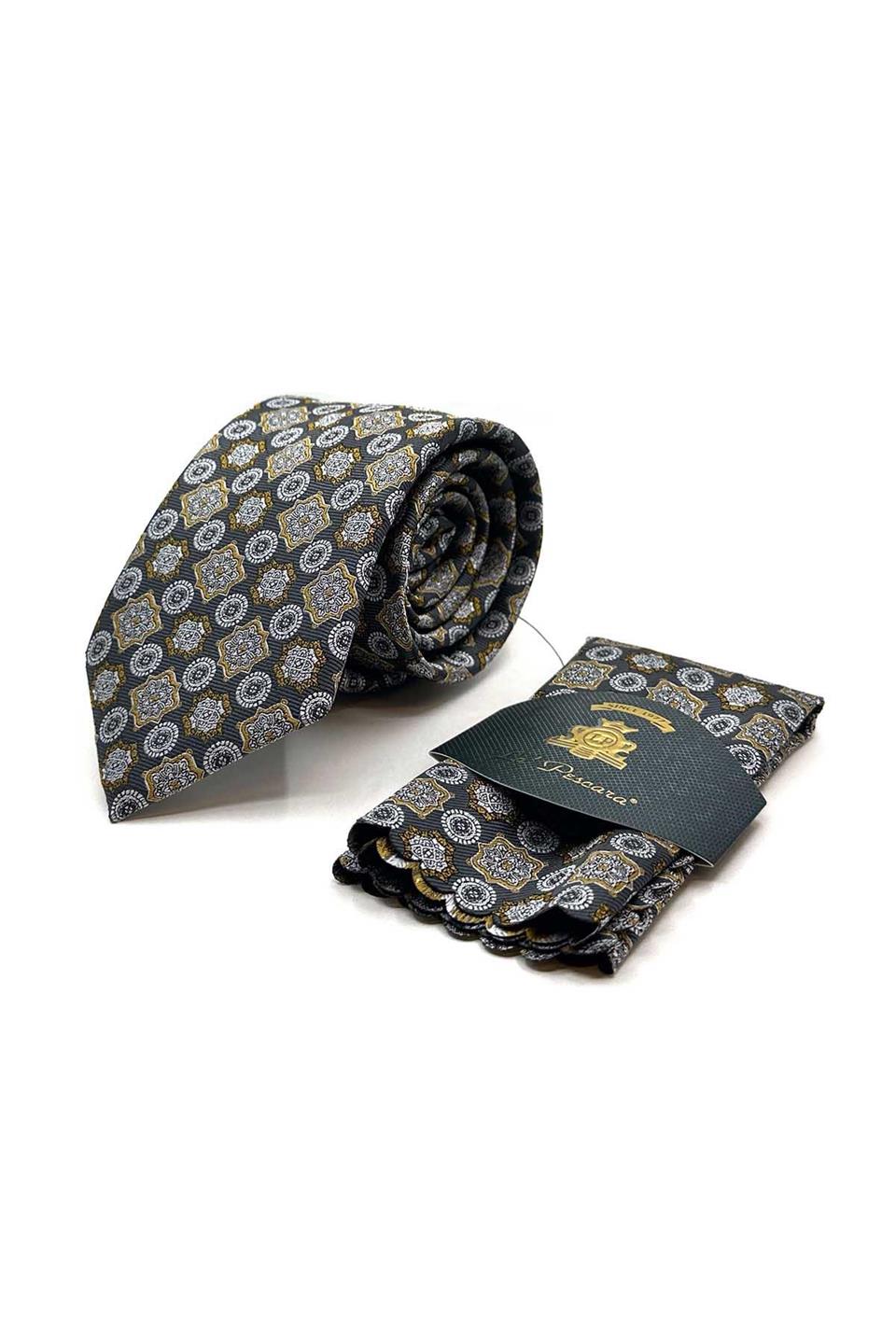 Gri Motif Desen Mendilli Klasik Kravat KK12971