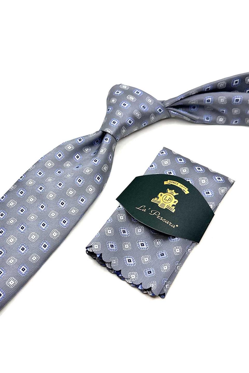 Gri Motif Desen Mendilli Klasik Kravat KK13093