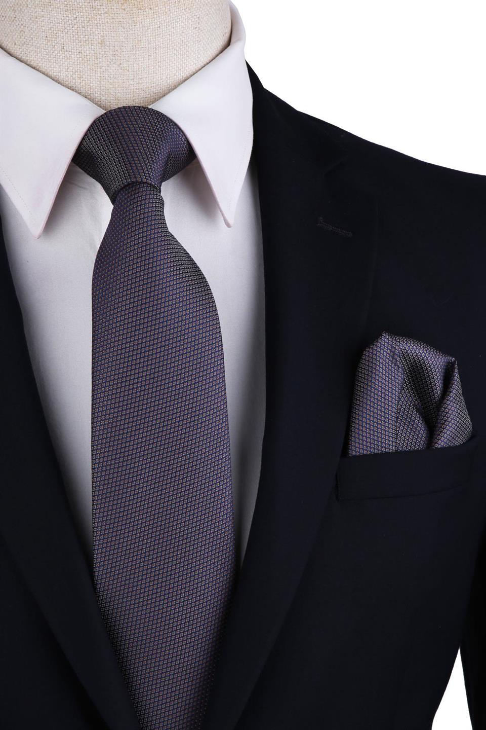 Gri Nokta Desen Mendilli Klasik Kravat KK10350
