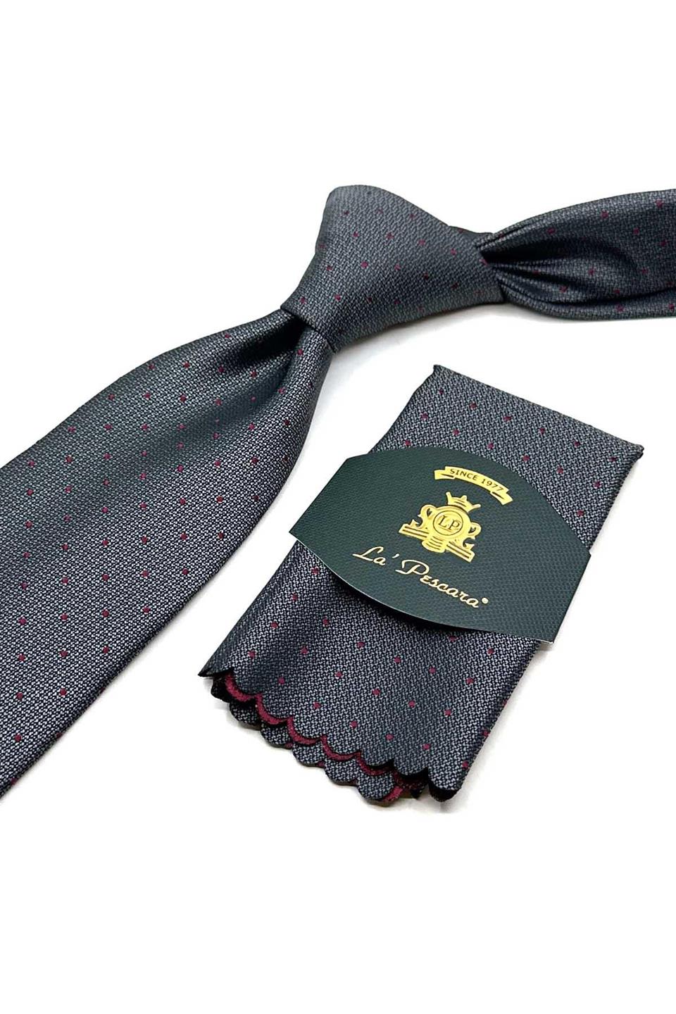 Gri Puantiye Desen Mendilli Klasik Kravat KK12892
