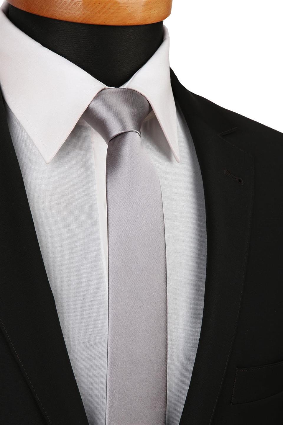 Gri Saten Düz Çok İnce Kravat UST06