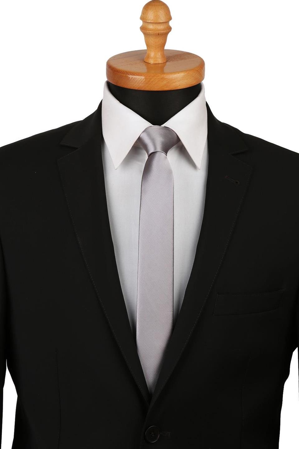 Gri Saten Düz Çok İnce Kravat UST06