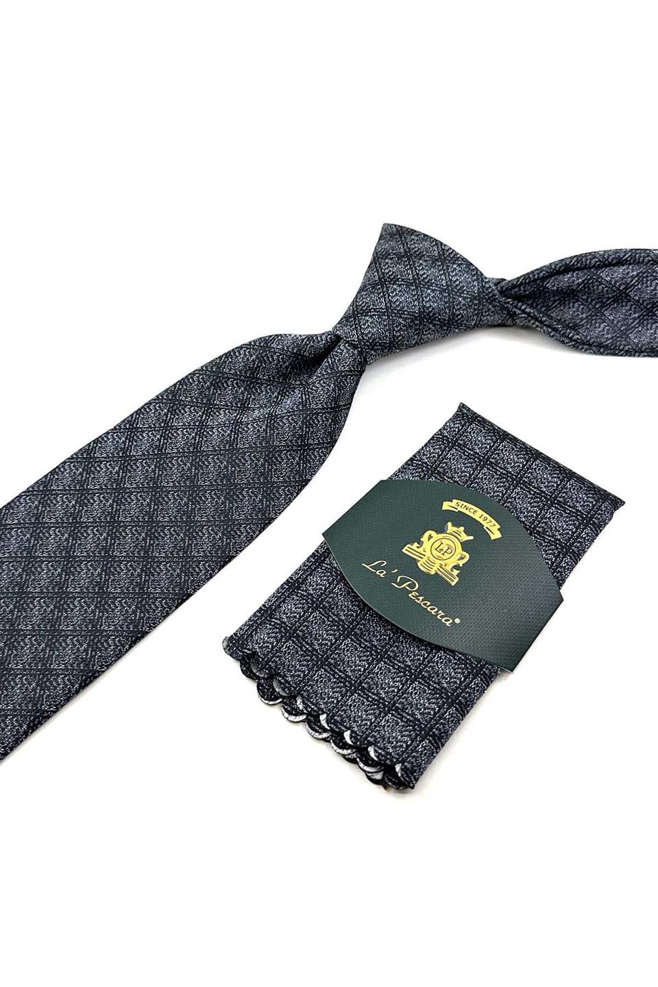 Gri - Siyah Kare Desen Mendilli Klasik Kravat KK12489