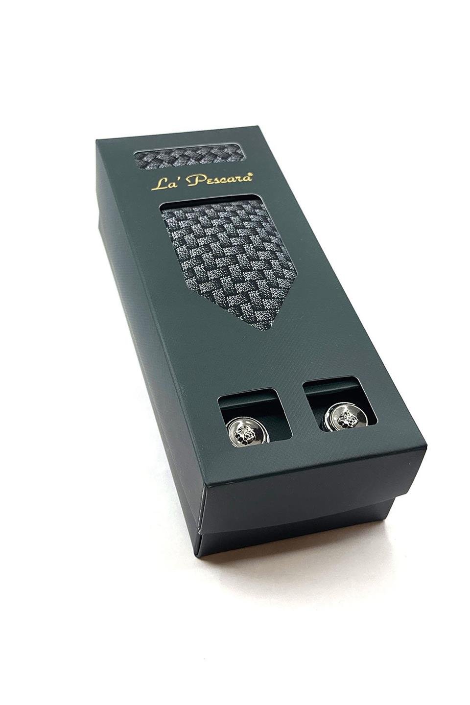 Gri - Siyah Mendilli Kravat Gri Kol Düğmesi Hediye Seti OS516