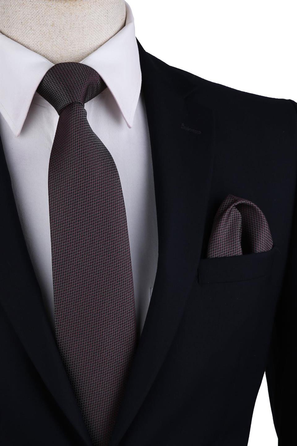 Gri - Siyah Nokta Desen Mendilli Klasik Kravat KK10358