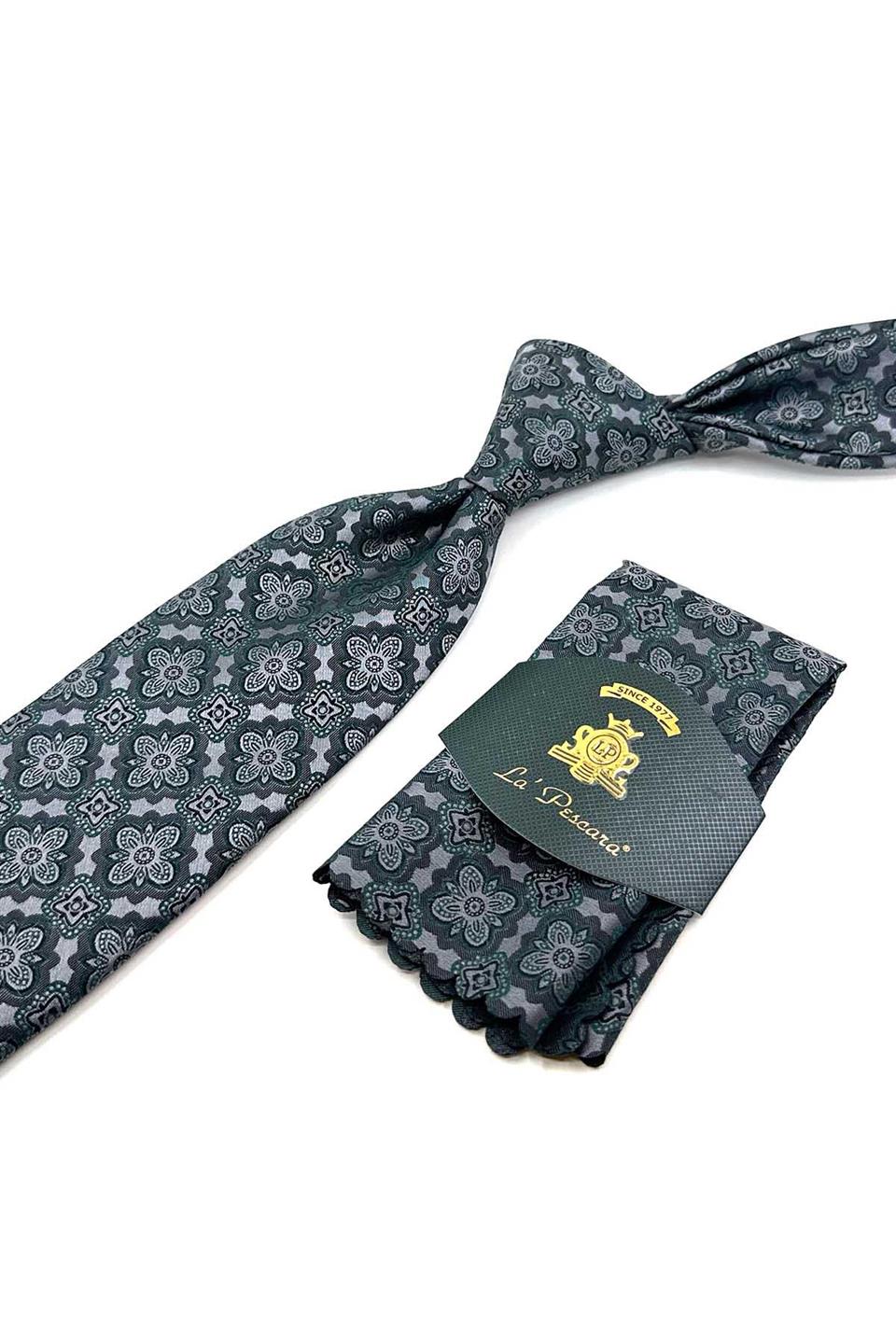 Gri - Yeşil Motif Desen Mendilli Klasik Kravat KK12378