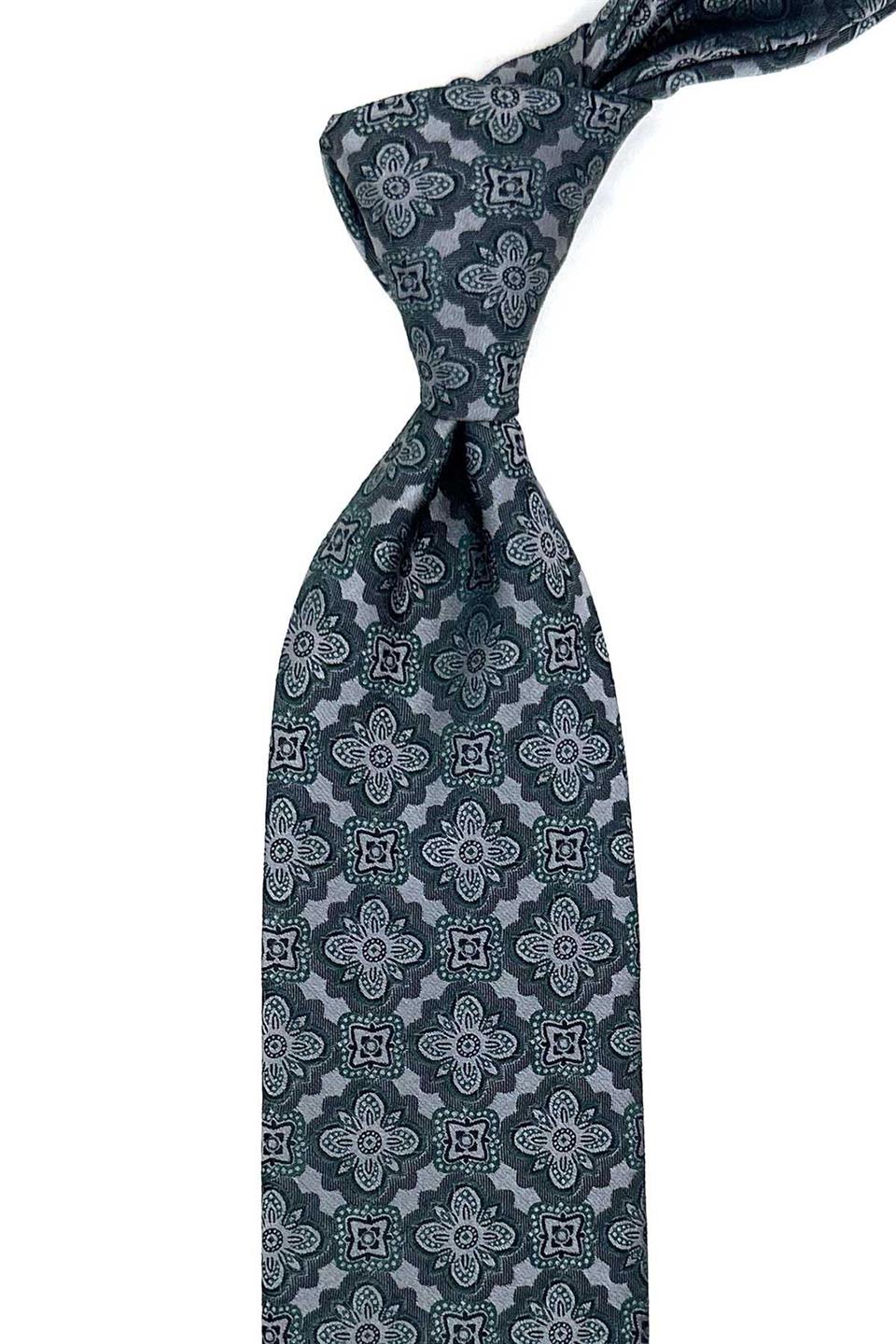 Gri - Yeşil Motif Desen Mendilli Klasik Kravat KK12378