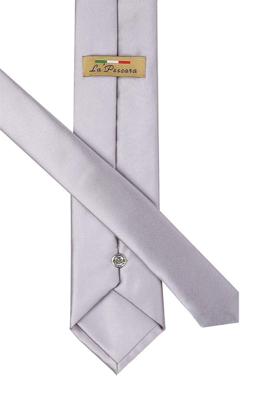 Gümüş Gri Mendilli Düz Saten Kravat 1108