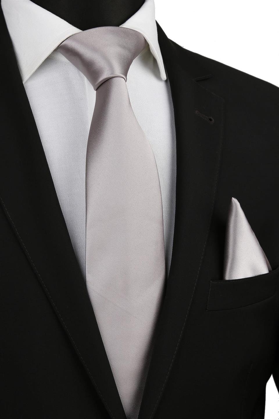 Gümüş Gri Mendilli Düz Saten Kravat 1108