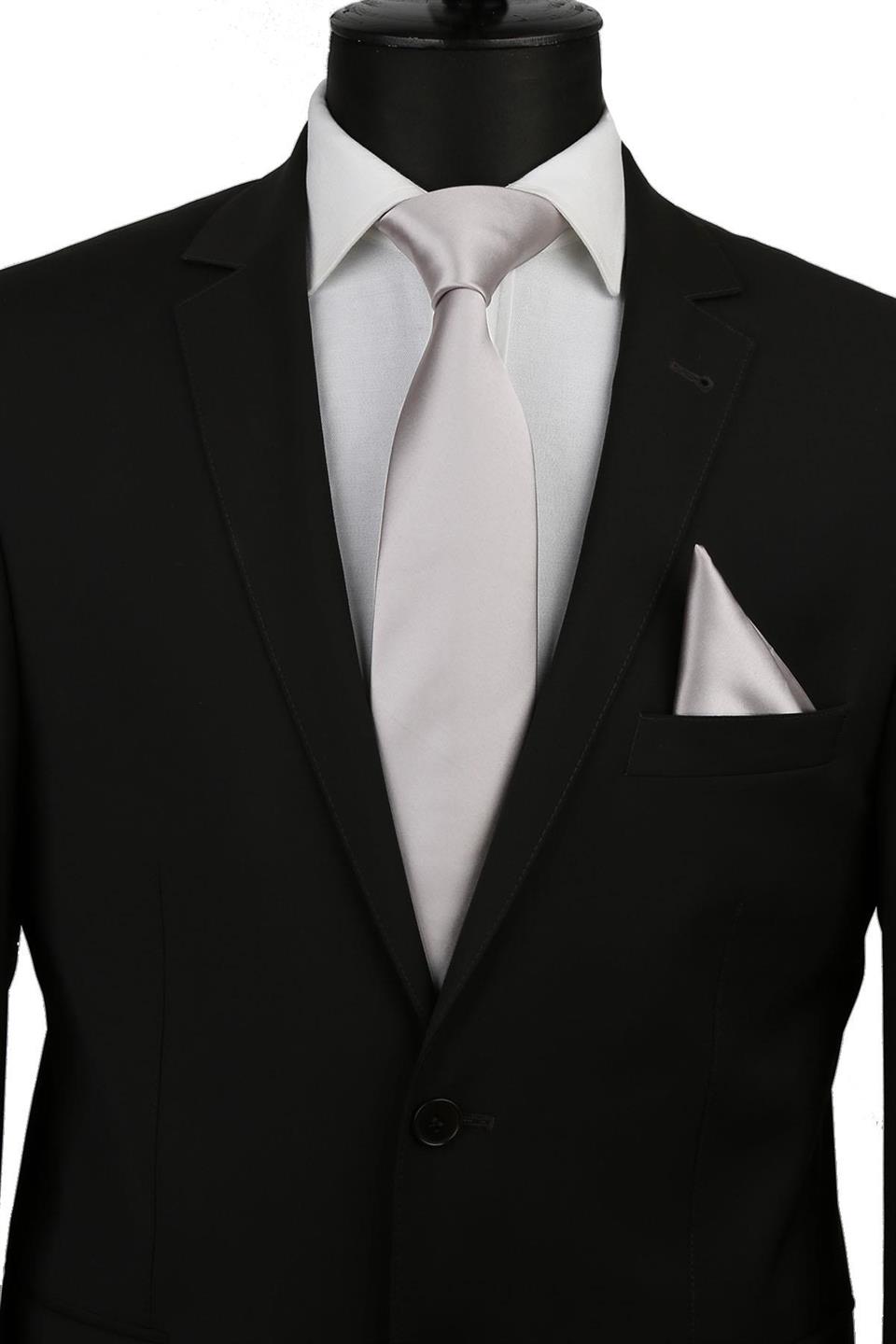 Gümüş Gri Mendilli Düz Saten Kravat 1108