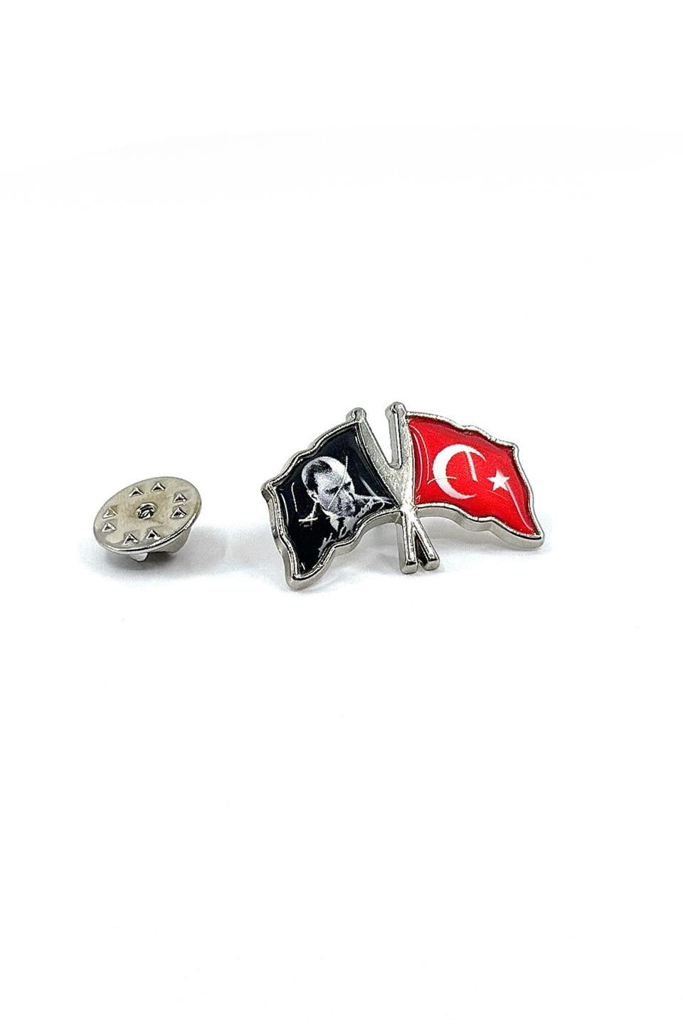 Gümüş Renk Atatürk ve Türk Bayrağı Yaka İğnesi YI412