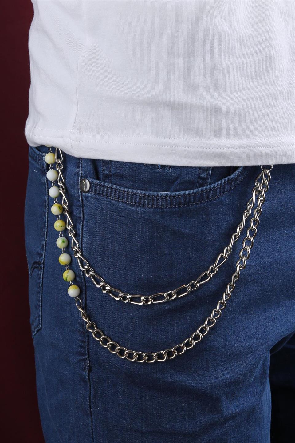 Gümüş Renk Beyaz Sarı Detaylı Pantolon Zinciri PZ88