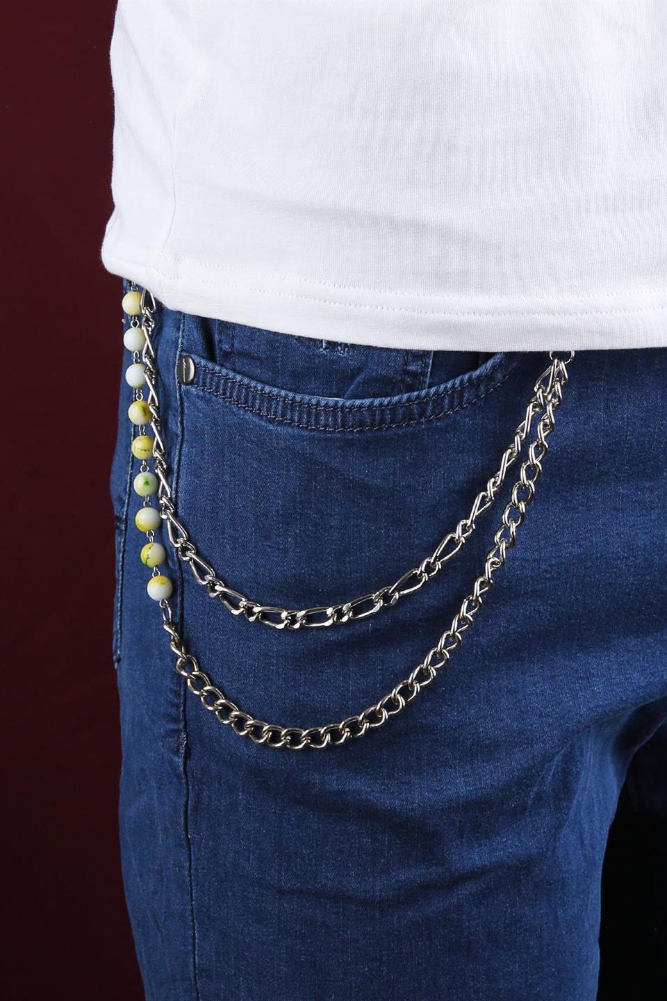 Gümüş Renk Beyaz Sarı Detaylı Pantolon Zinciri PZ88