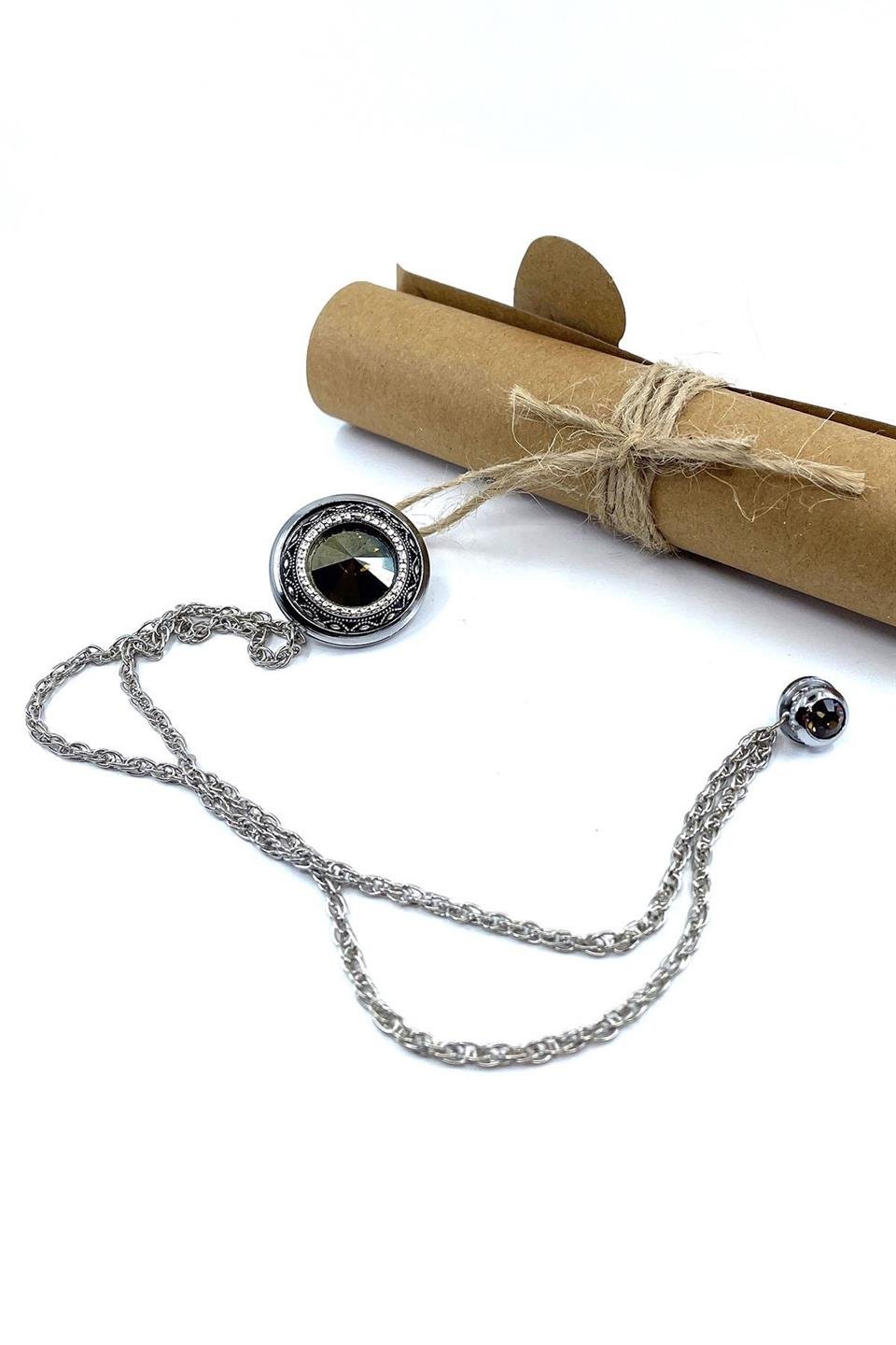 Gümüş Renk Büyük Taşlı Zincirli Ceket Yaka İğnesi YI406