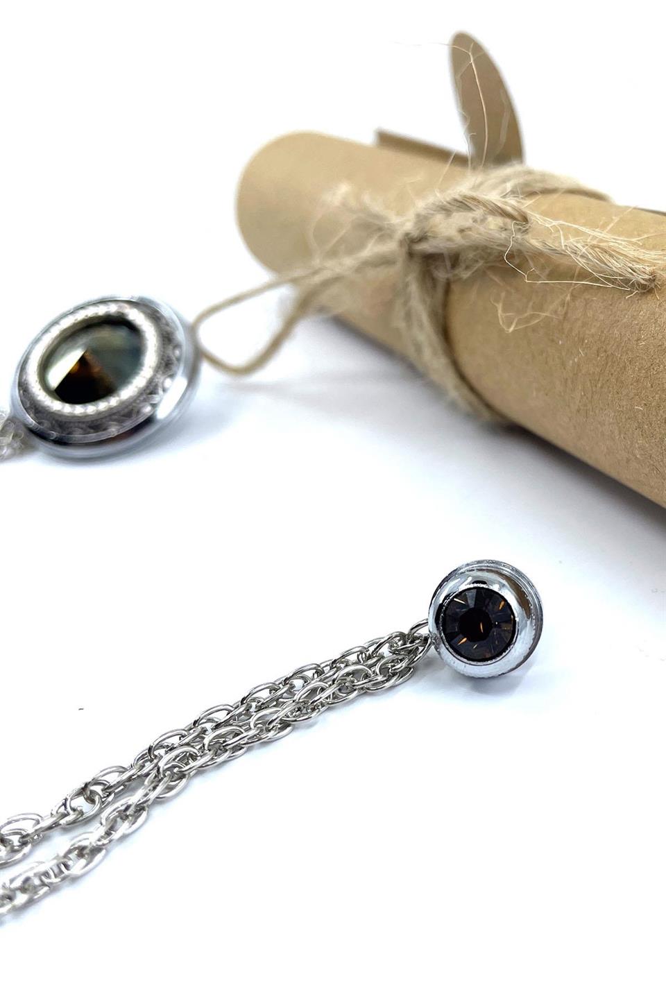 Gümüş Renk Büyük Taşlı Zincirli Ceket Yaka İğnesi YI406