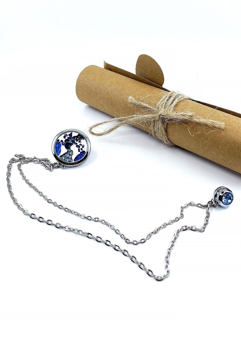 Gümüş Renk Dünya Haritası Mavi Taşlı Ceket Yaka İğnesi YI404