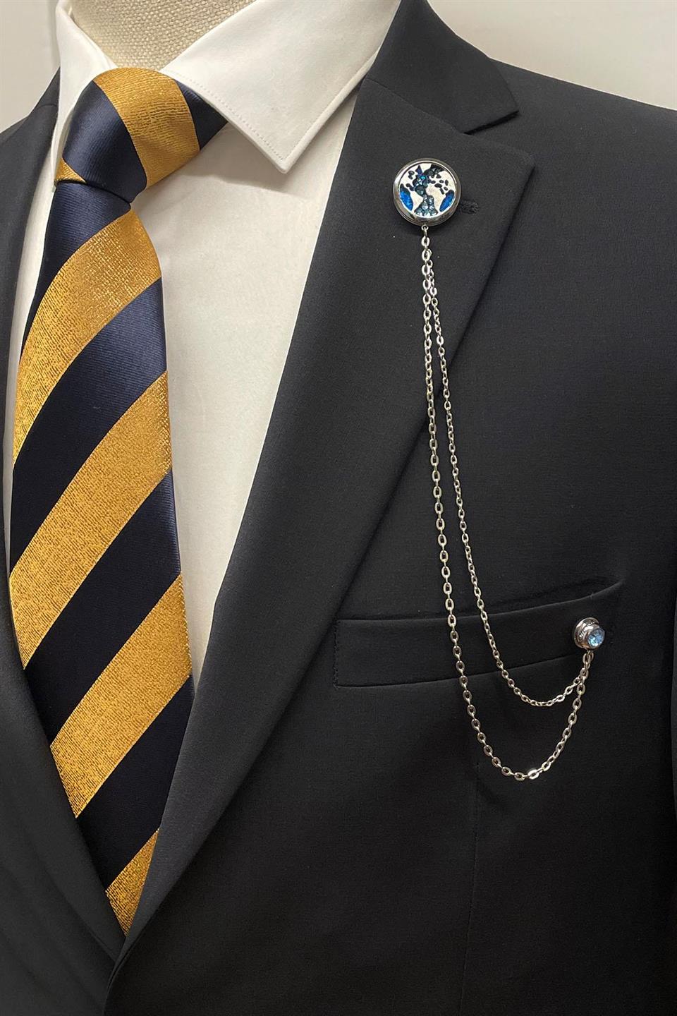 Gümüş Renk Dünya Haritası Mavi Taşlı Ceket Yaka İğnesi YI404