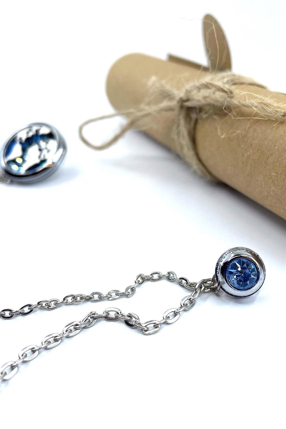 Gümüş Renk Dünya Haritası Mavi Taşlı Ceket Yaka İğnesi YI404