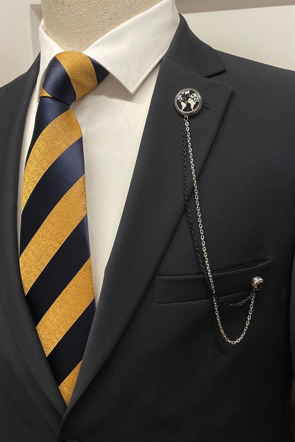 Gümüş Renk Dünya Haritası Zincirli Ceket Yaka İğnesi YI403