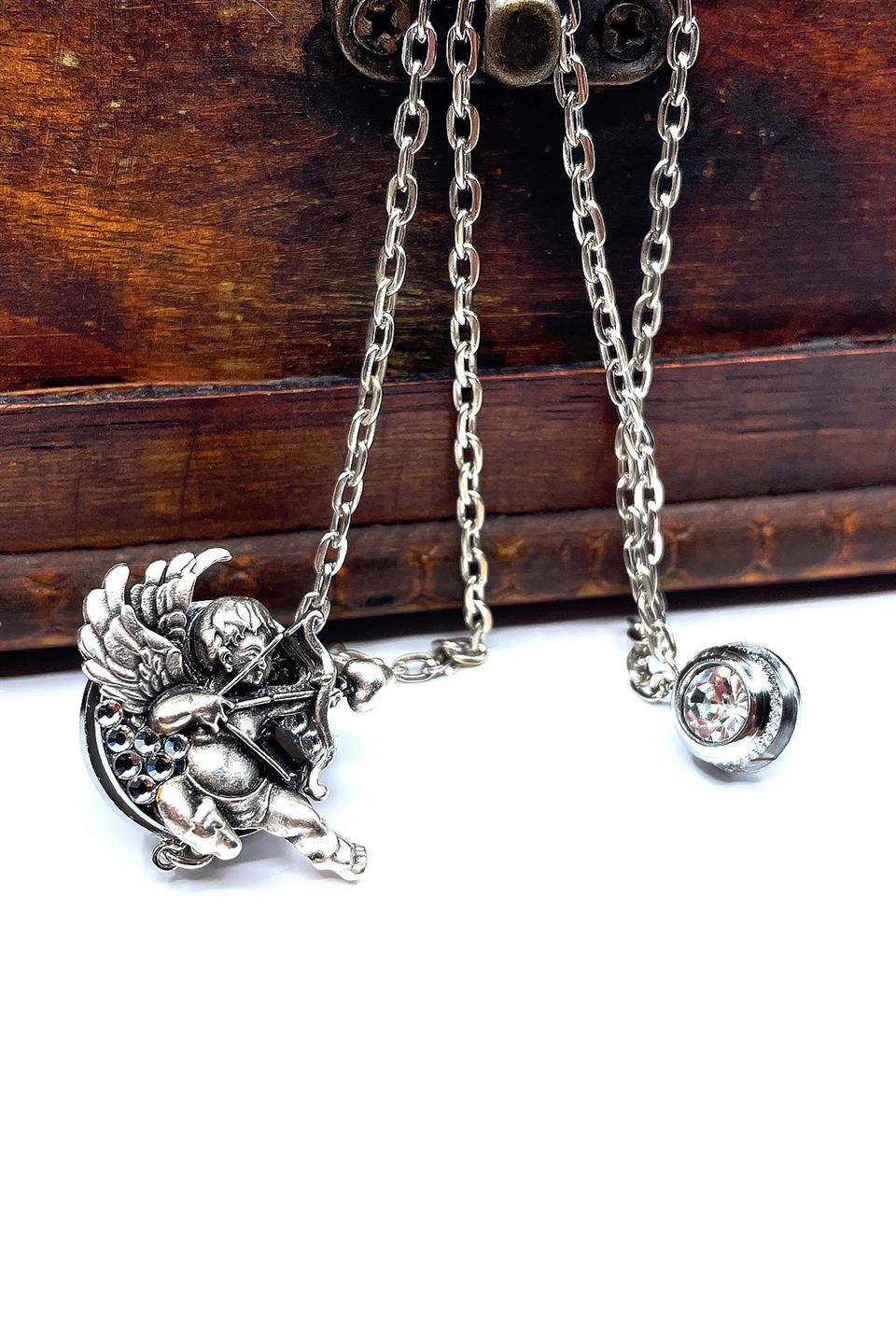 Gümüş Renk Eros Motif Zincirli Ceket Yaka İğnesi YI379