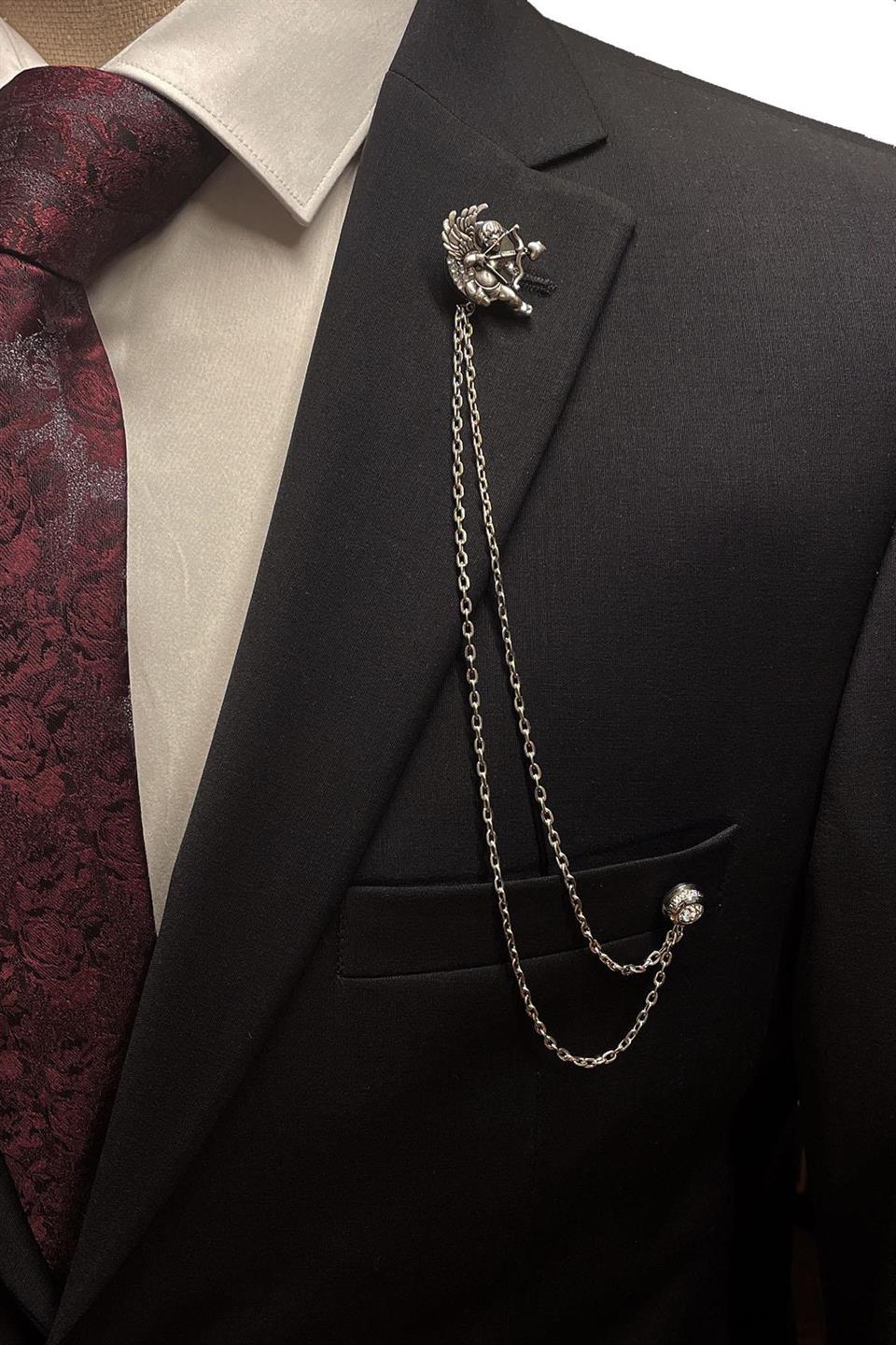 Gümüş Renk Eros Motif Zincirli Ceket Yaka İğnesi YI379