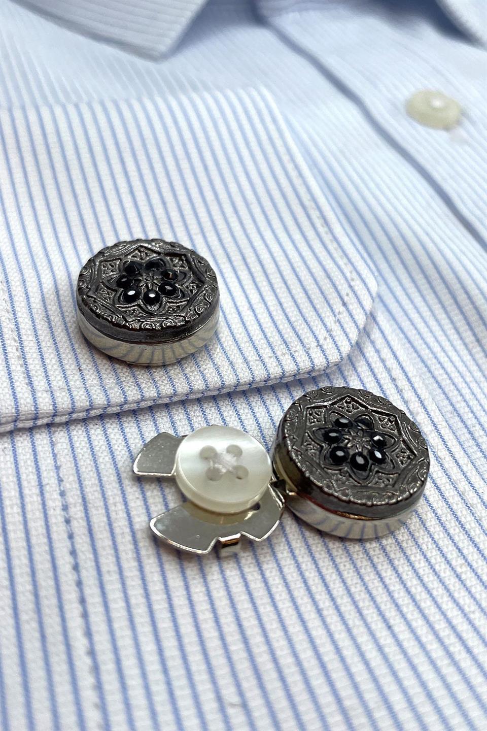 Gümüş Renk Füme Motifli Geçmeli Kol Düğmesi GC74