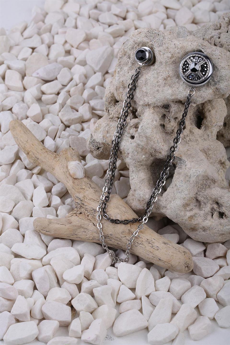 Gümüş Renk Füme Taşlı Ceket Yaka İğnesi YI329