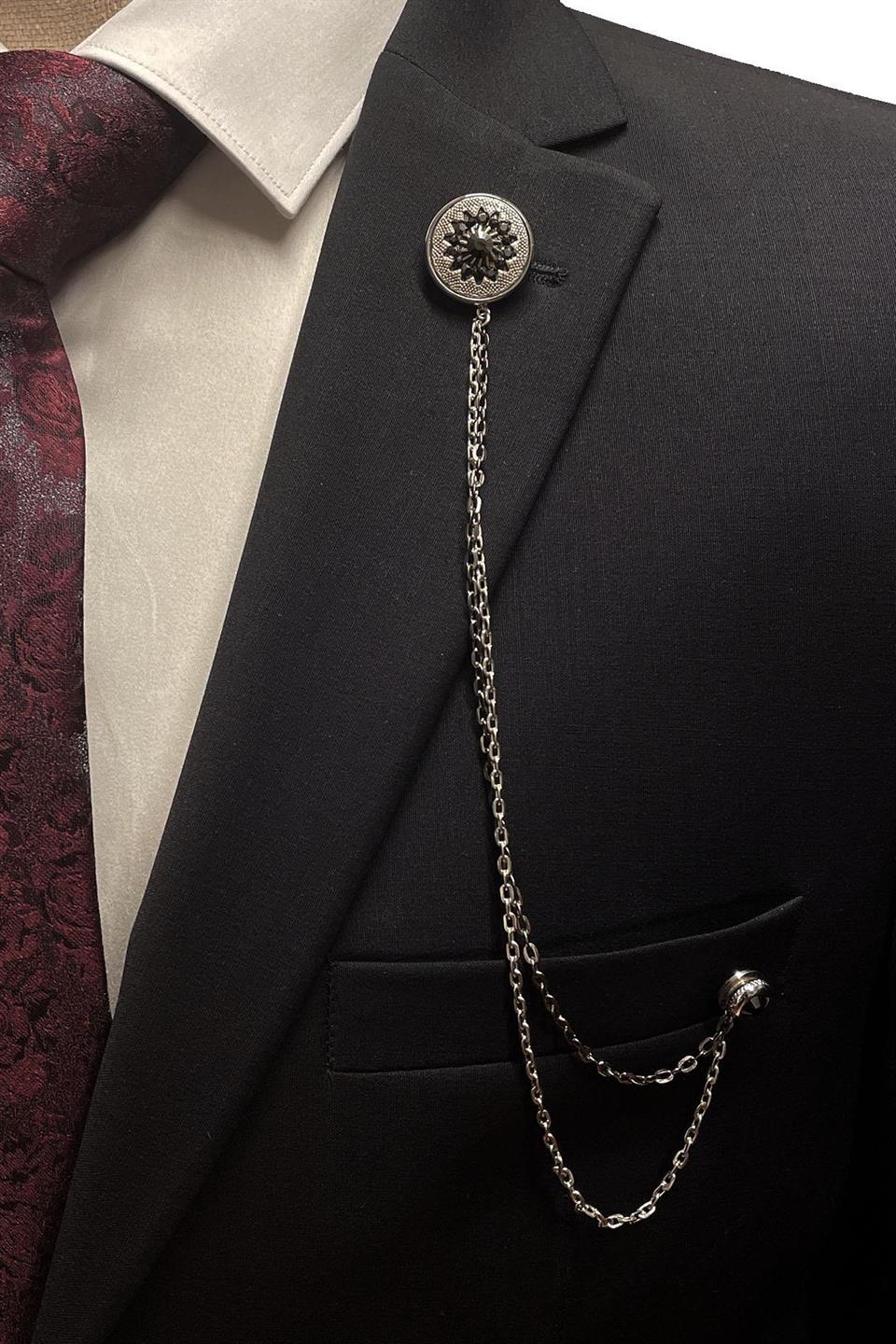 Gümüş Renk Hematit Taşlı Zincirli Ceket Yaka İğnesi YI369