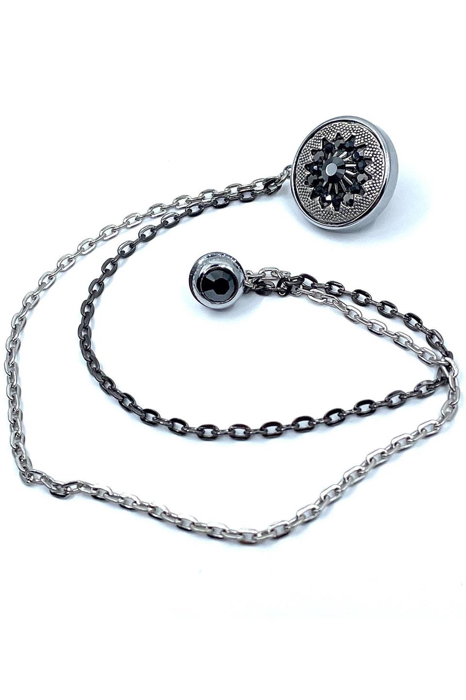 Gümüş Renk Hematit Taşlı Zincirli Ceket Yaka İğnesi YI369