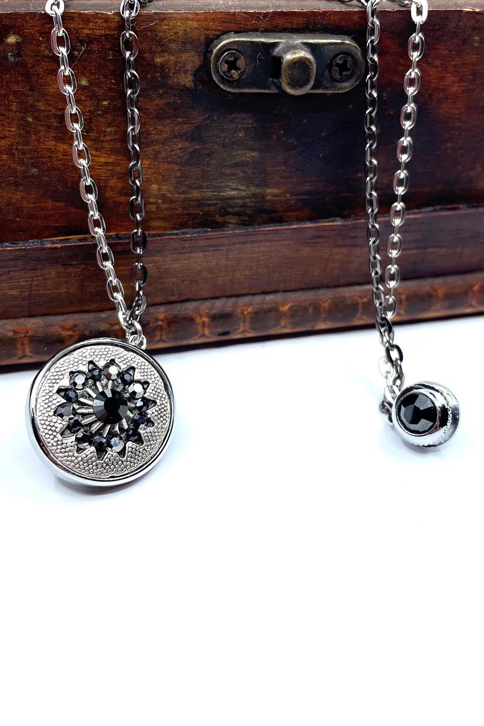 Gümüş Renk Hematit Taşlı Zincirli Ceket Yaka İğnesi YI369