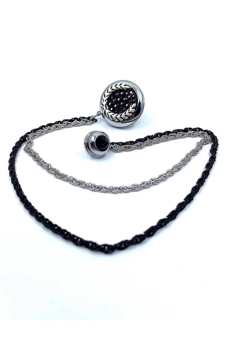 Gümüş Renk Hematit Taşlı Zincirli Ceket Yaka İğnesi YI366