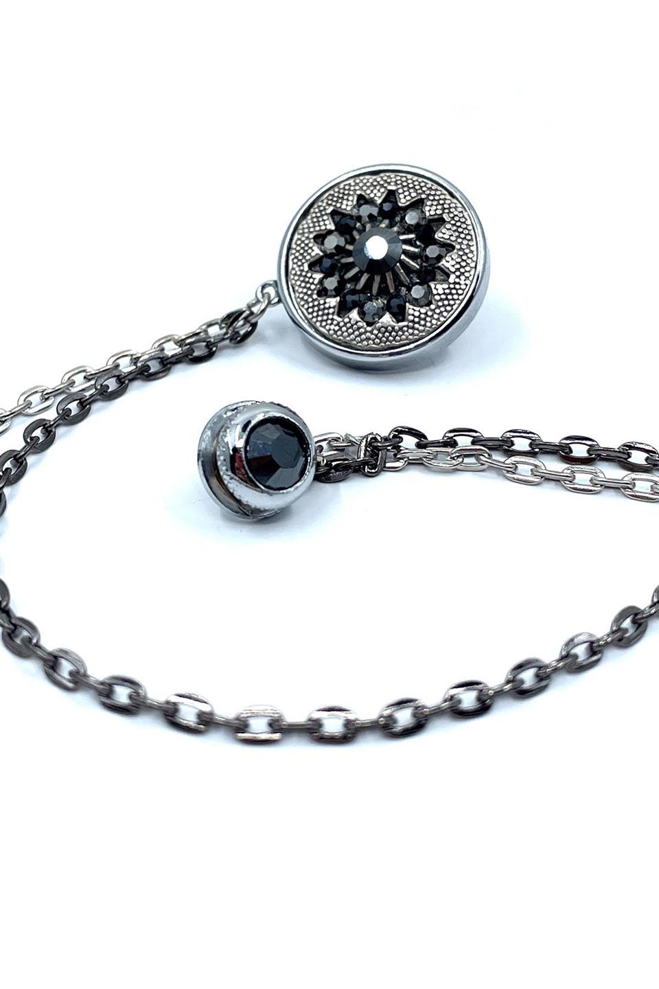 Gümüş Renk Hematit Taşlı Zincirli Ceket Yaka İğnesi YI369