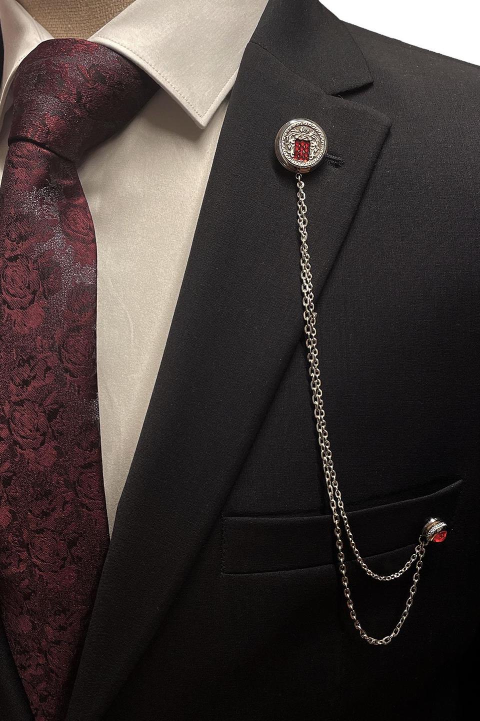 Gümüş Renk Kırmızı Taşlı Ceket Yaka İğnesi YI376