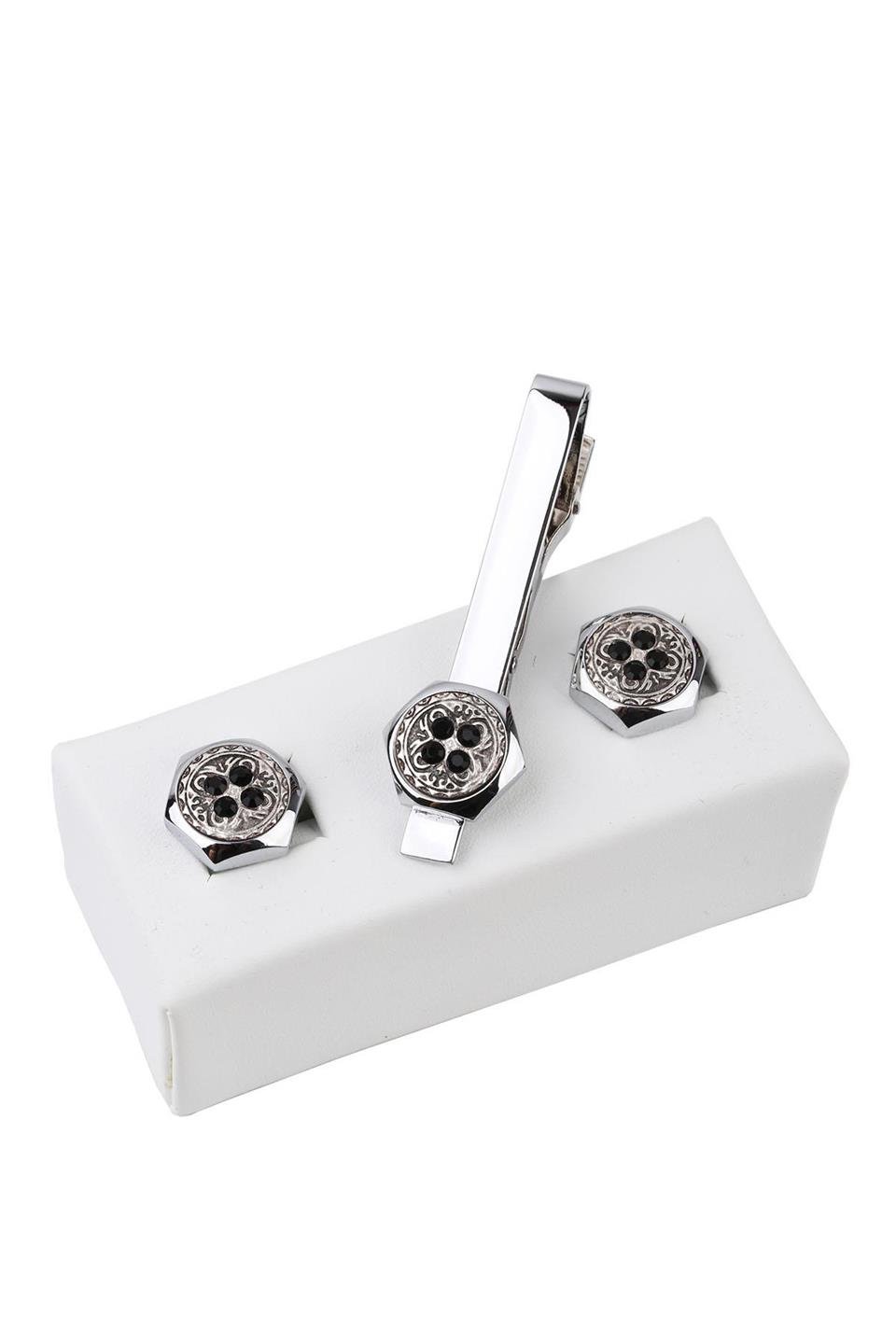 Gümüş Renk Kol Düğmesi ve Kravat İğnesi Set KD971