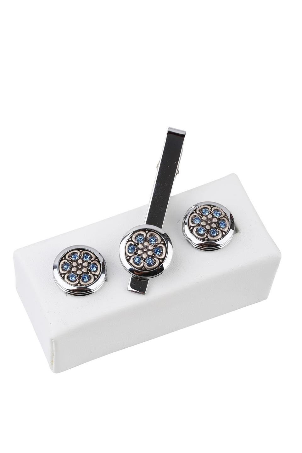 Gümüş Renk Kol Düğmesi ve Kravat İğnesi Set KD975