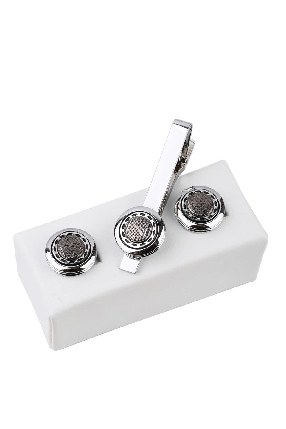 Gümüş Renk Kol Düğmesi ve Kravat İğnesi Set KD963
