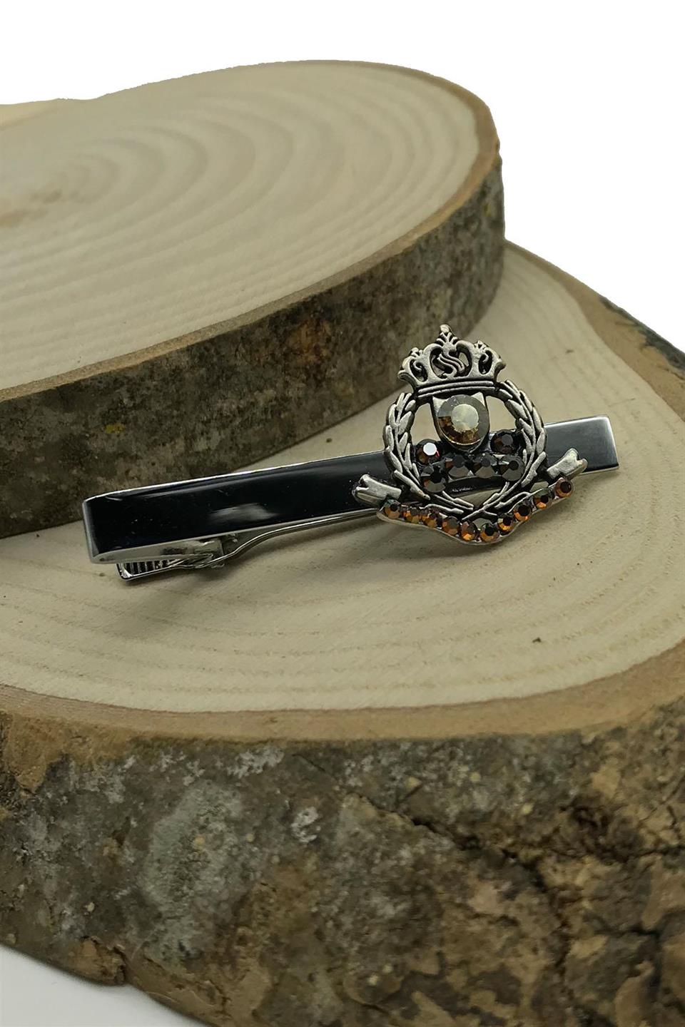 Gümüş Renk Konyak-Bal Rengi Taşlı Kral Tacı Motif Kravat İğnesi KIY596
