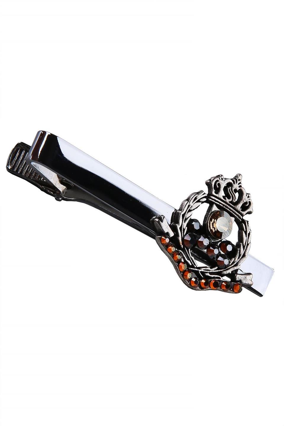 Gümüş Renk Konyak-Bal Rengi Taşlı Kral Tacı Motif Kravat İğnesi KIY596