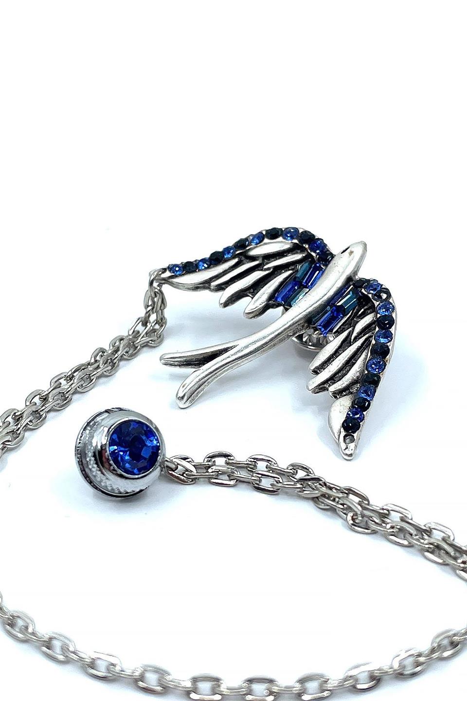 Gümüş Renk Kuş Motif Mavi Taşlı Ceket Yaka İğnesi YI380