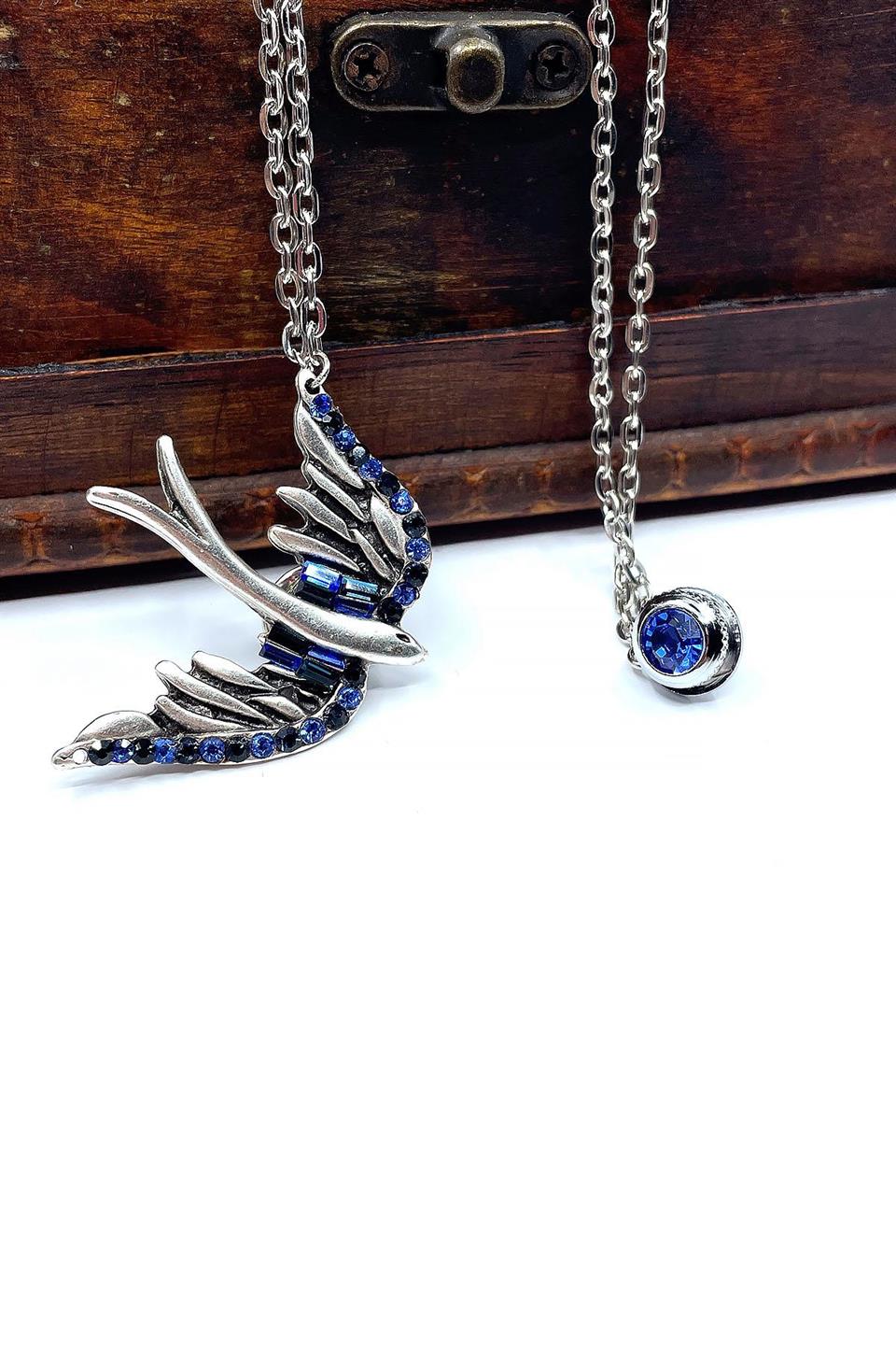 Gümüş Renk Kuş Motif Mavi Taşlı Ceket Yaka İğnesi YI380