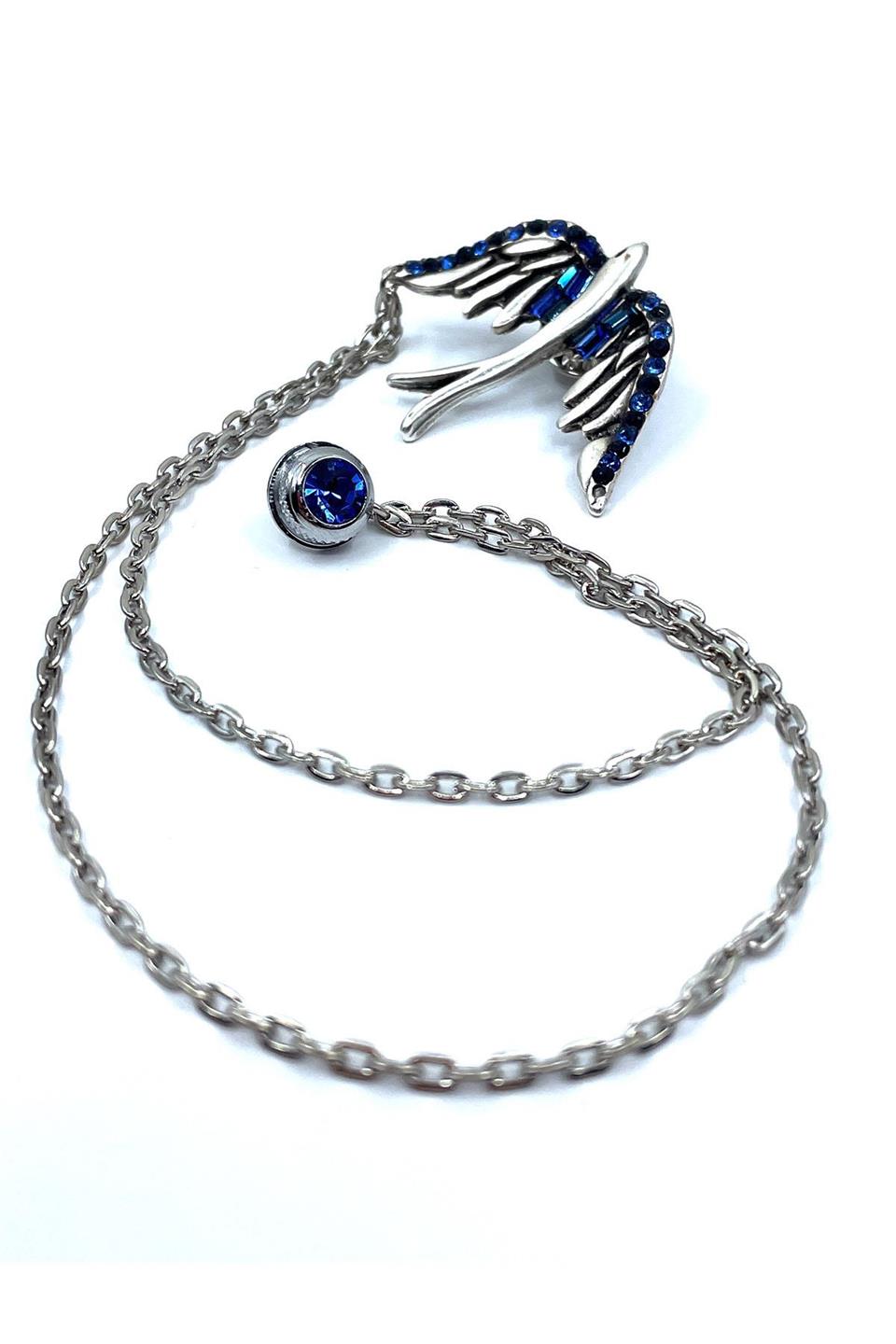 Gümüş Renk Kuş Motif Mavi Taşlı Ceket Yaka İğnesi YI380