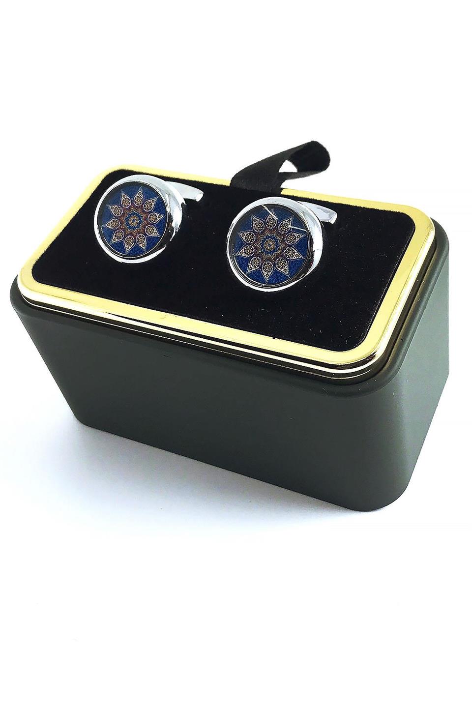 Gümüş Renk Mavi Motif Detaylı Yuvarlak Kol Düğmesi KD1482