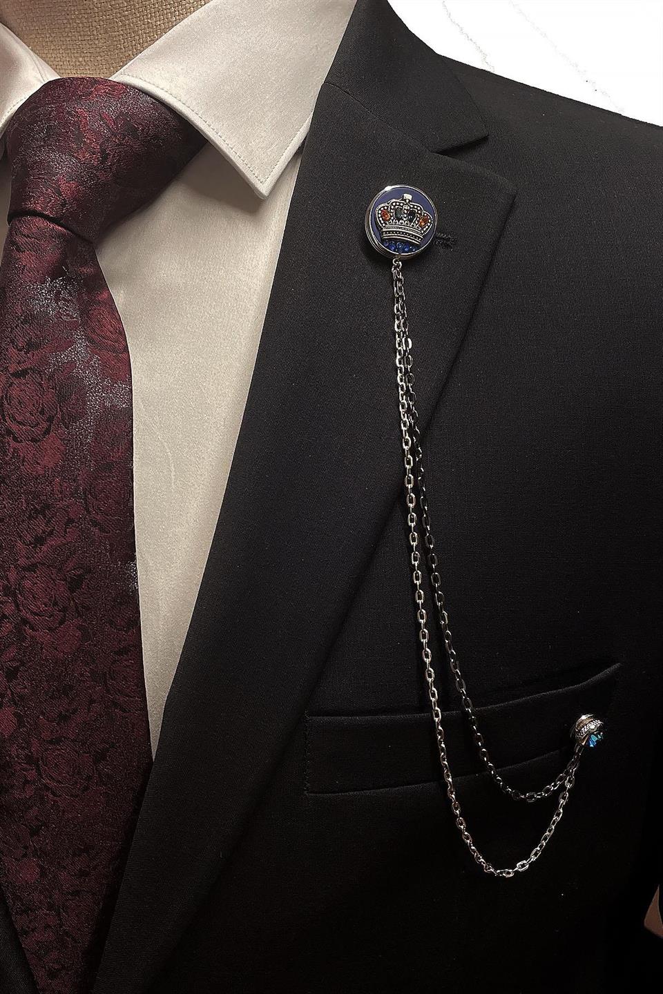 Gümüş Renk Mavi Motif Kral Tacı Ceket Yaka İğnesi YI361