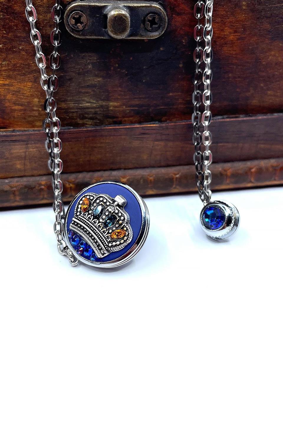 Gümüş Renk Mavi Motif Kral Tacı Ceket Yaka İğnesi YI361