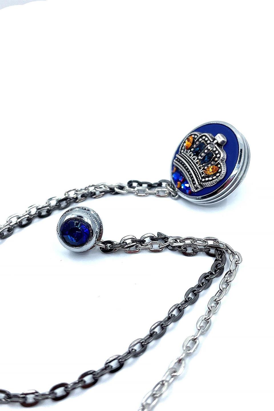 Gümüş Renk Mavi Motif Kral Tacı Ceket Yaka İğnesi YI361