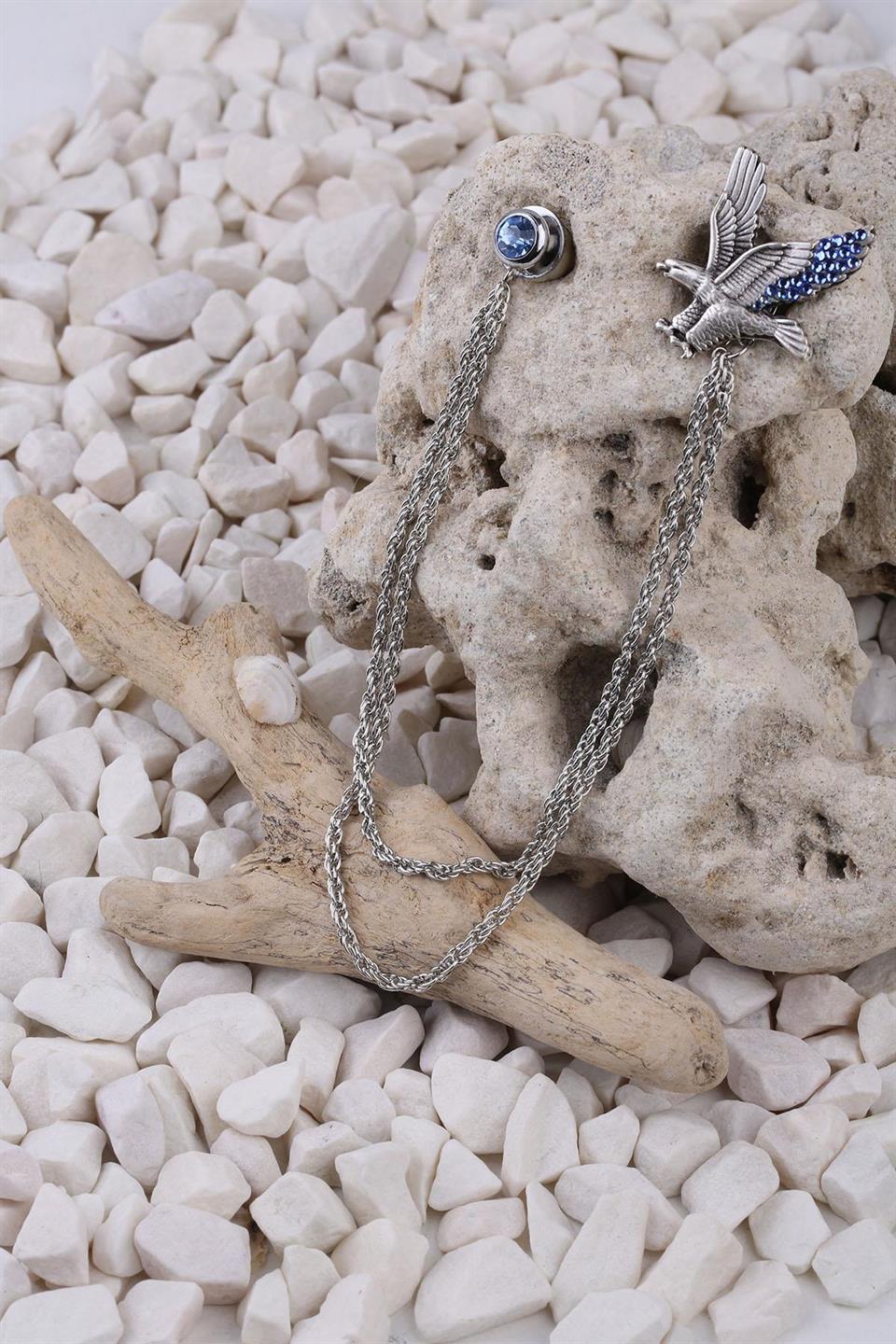 Gümüş Renk Mavi Taşlı Ceket Yaka İğnesi YI321